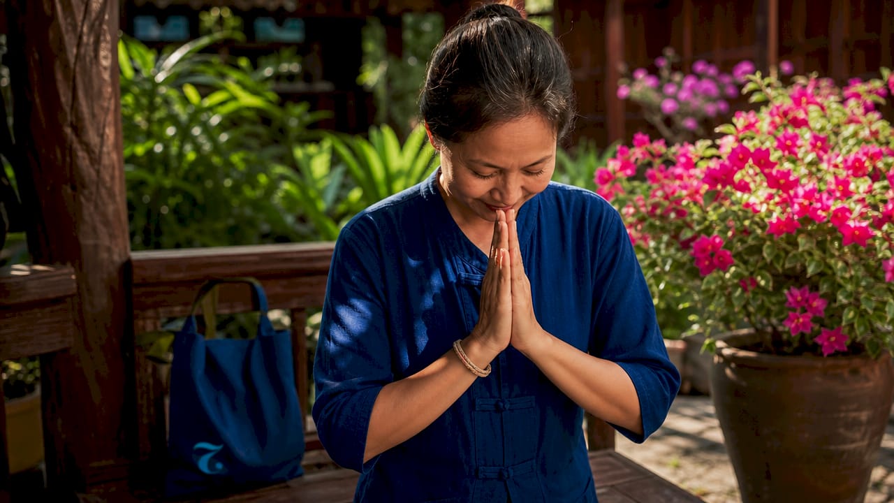 Close-up of Thai Wai greeting hands gesture
