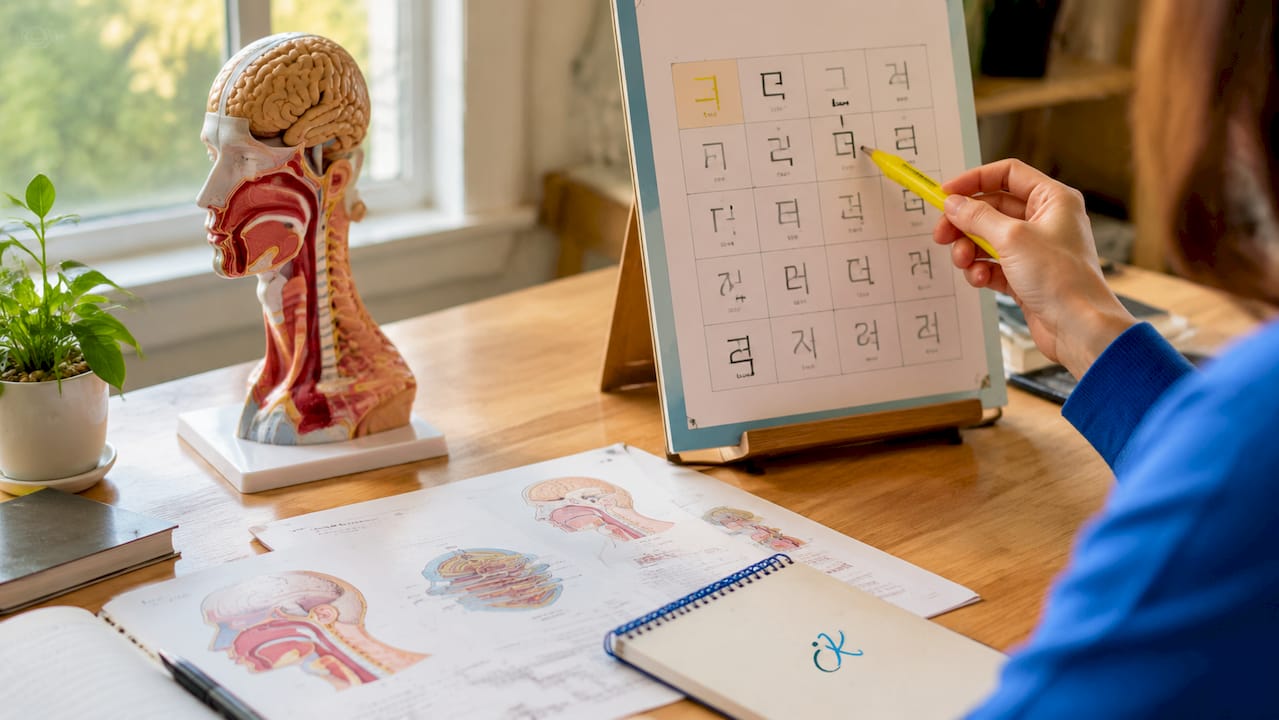 Hands pointing at Hangeul consonant and vocal organ diagrams