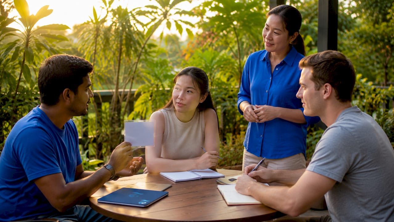 Adult learners practicing Thai roleplay in classroom