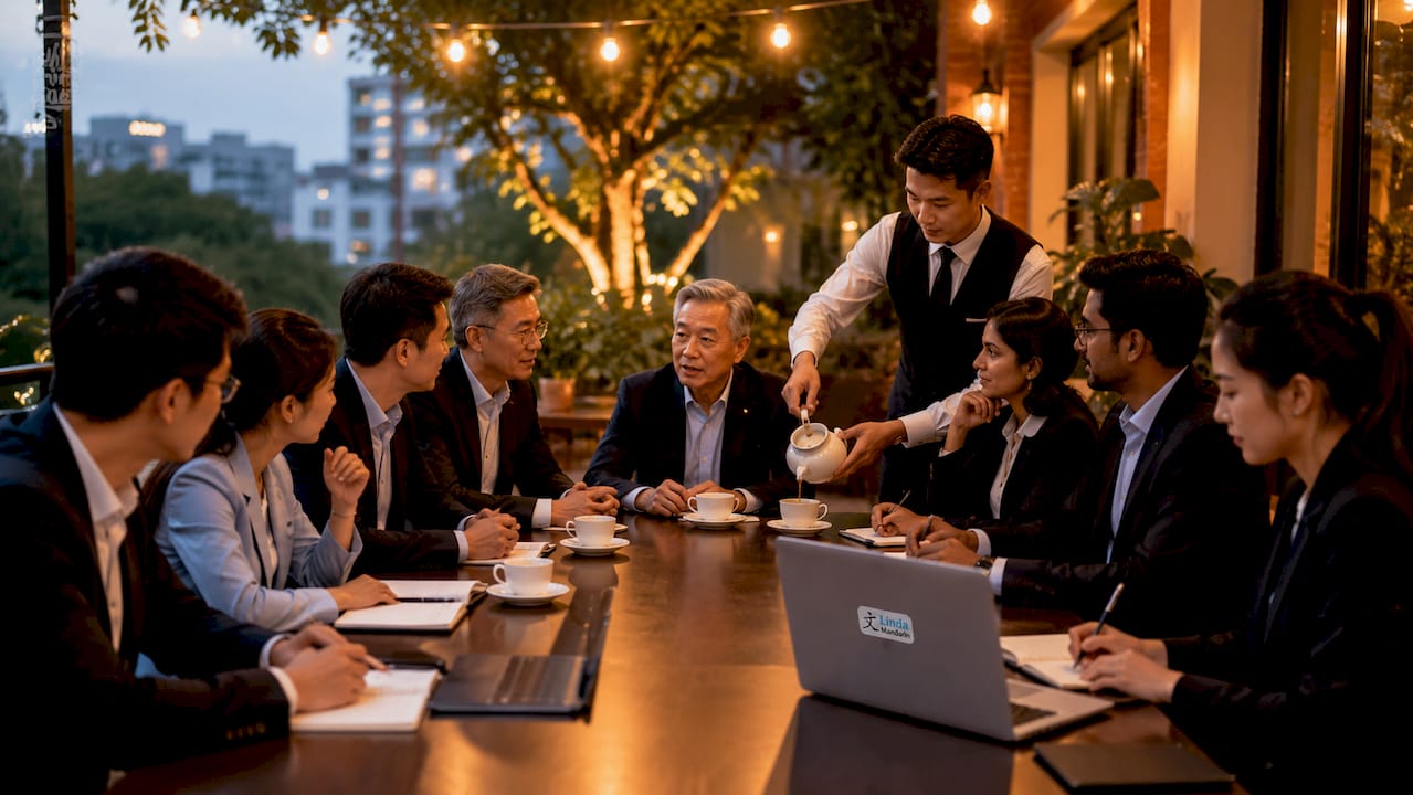 Meeting with hierarchical seating and tea service