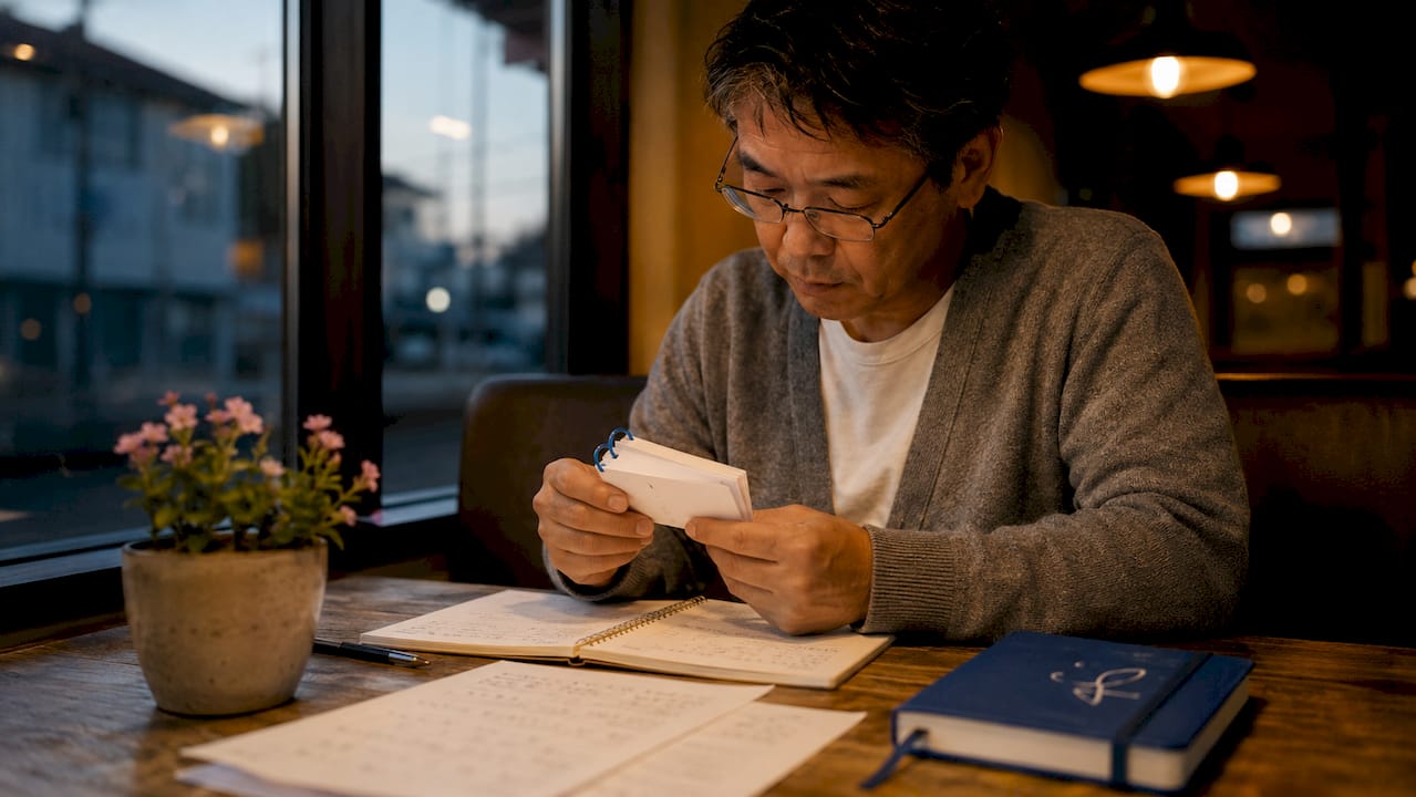 Man reviewing flashcards for JLPT