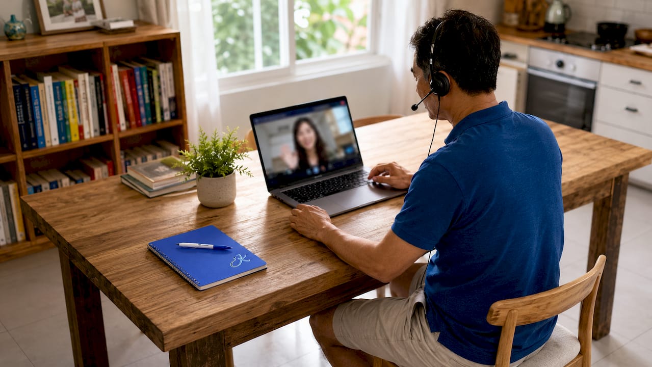 Man engaged in virtual Korean language lesson at home