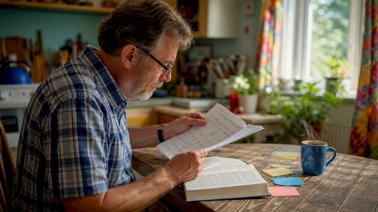 Mature man studying Spanish at home