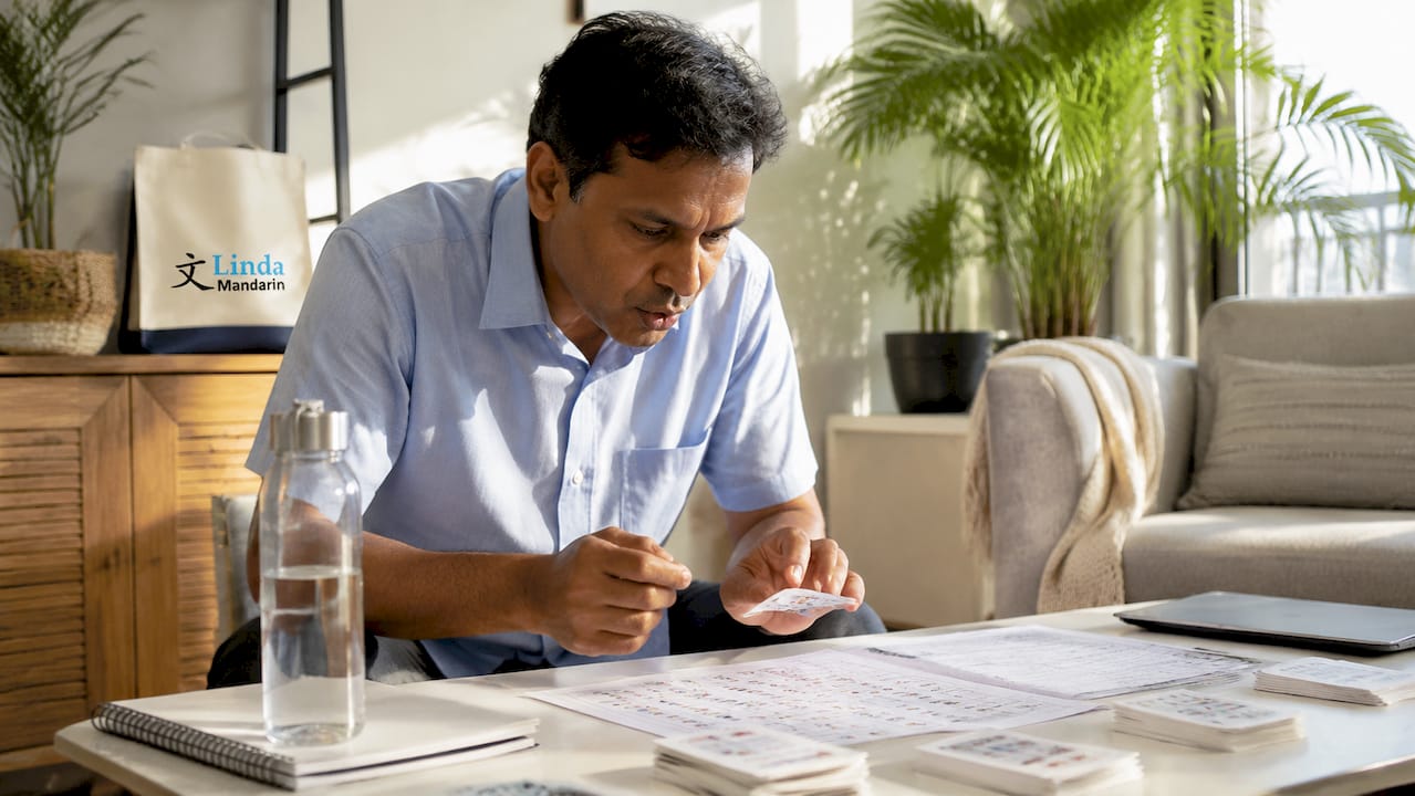 Man practicing Mandarin pronunciation with Pinyin charts