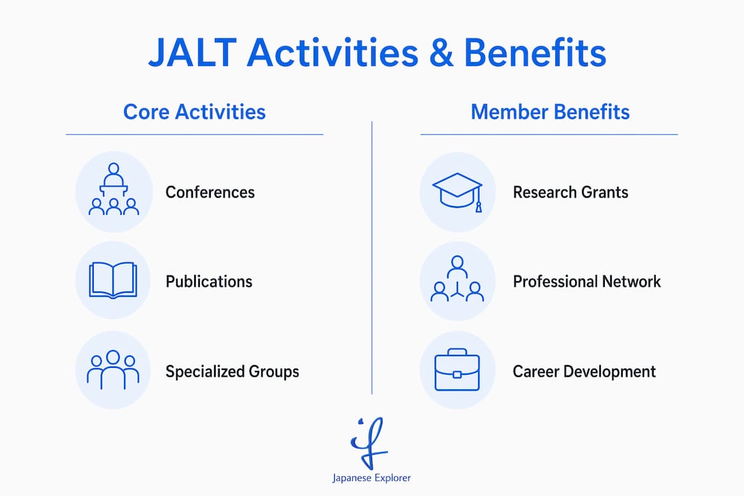 Infographic showing JALT key activities and member benefits