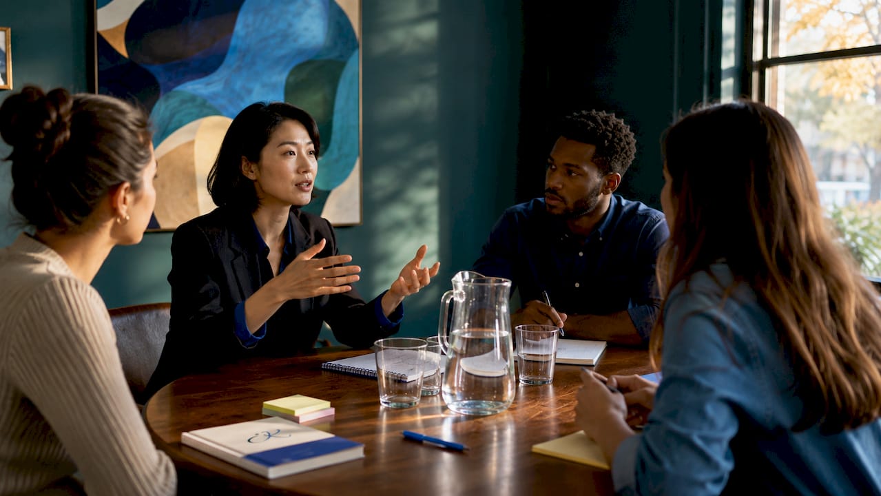 Team in corporate meeting discussing Korean business