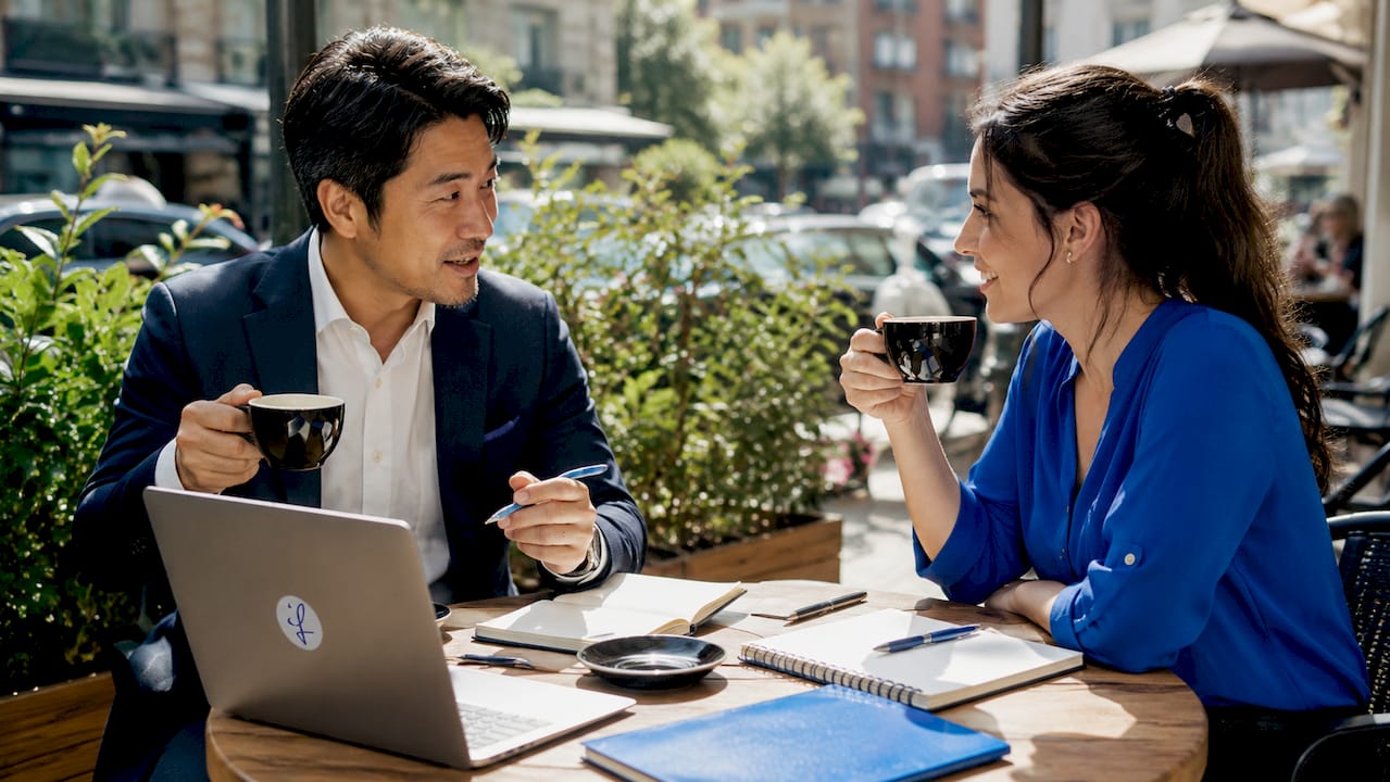 Japanese and non-Japanese professionals discussing over coffee
