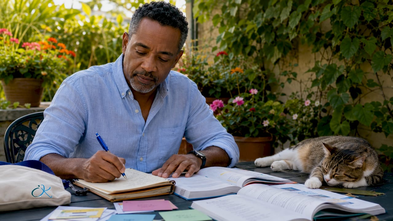 Bilingual instructor writing notes with language materials nearby