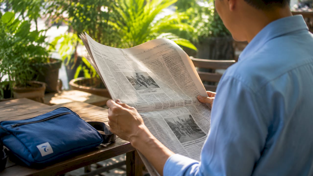 Hands holding Thai newspaper headline outdoors