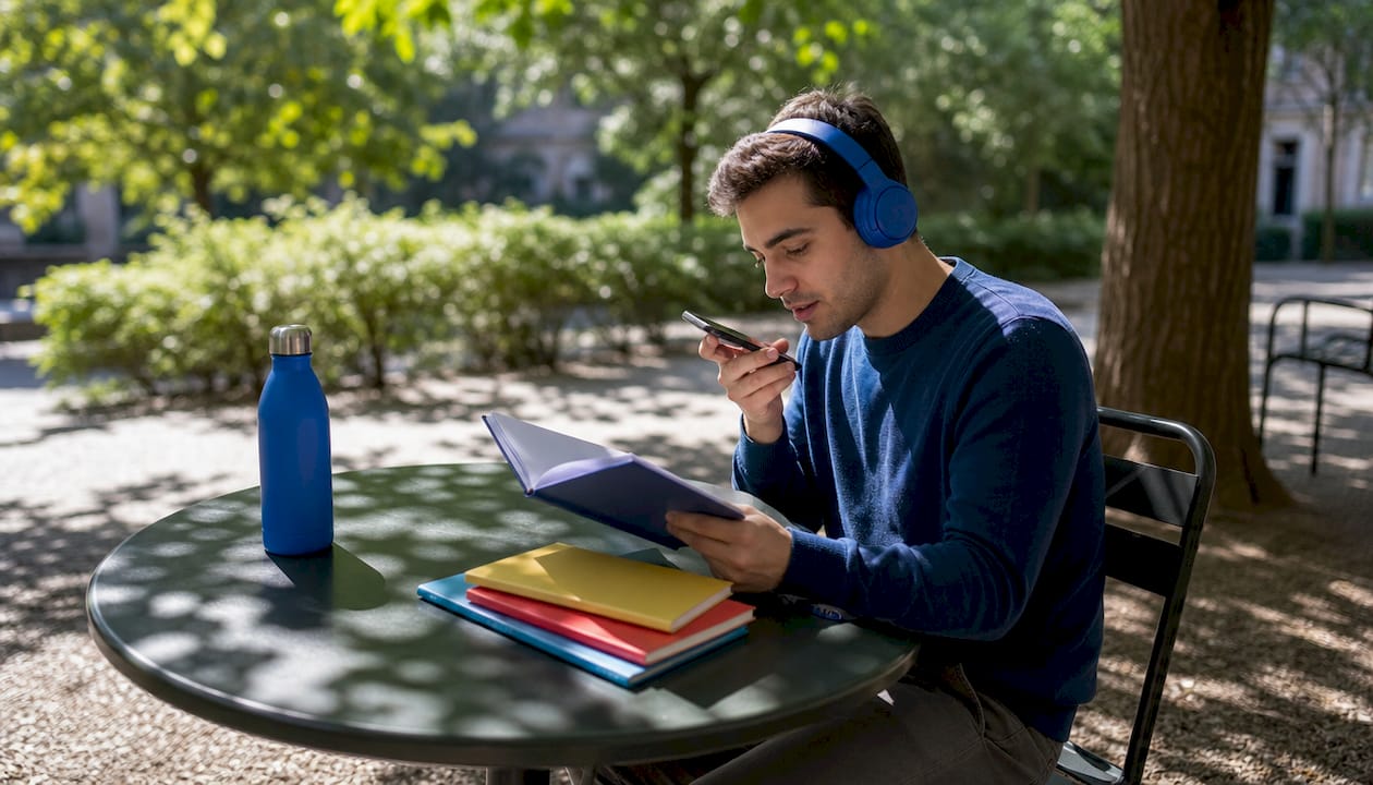 Man practicing Spanish speaking in library study nook