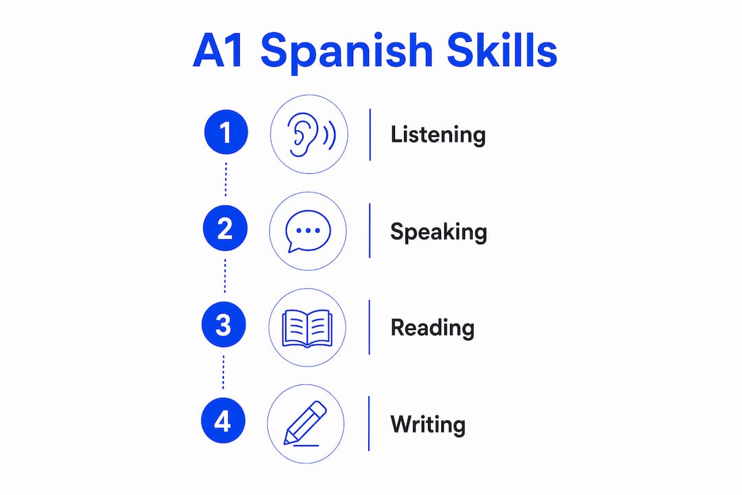 Infographic showing A1 Spanish language skills steps
