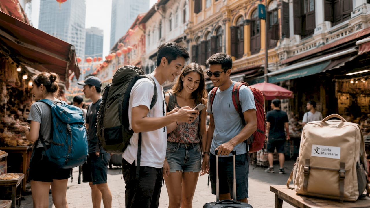 Travelers exploring affordable hostel neighborhood in Singapore
