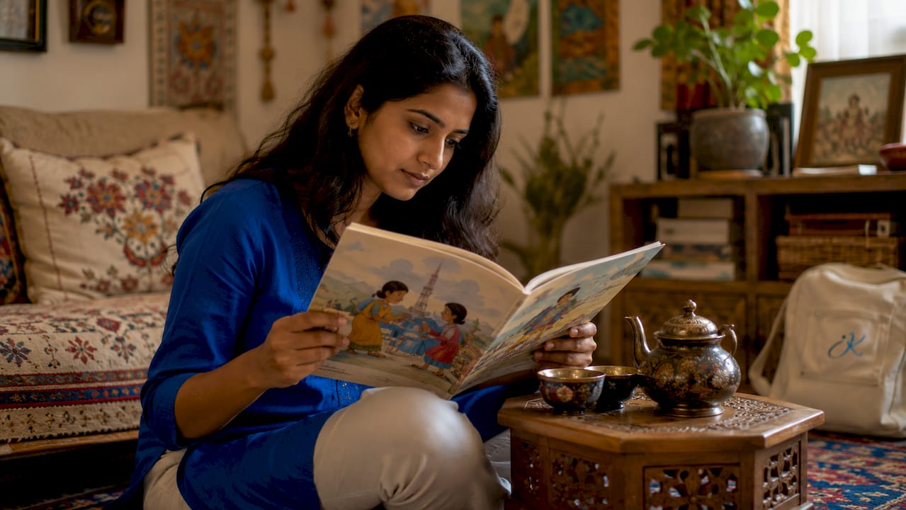 Woman reading bilingual book at home table