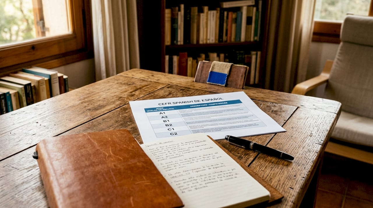 Overhead view of CEFR Spanish levels chart on desk