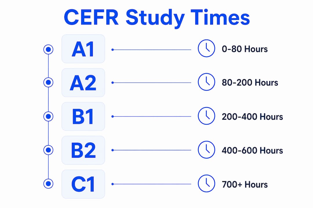 Vertical flow infographic showing CEFR Spanish study hours