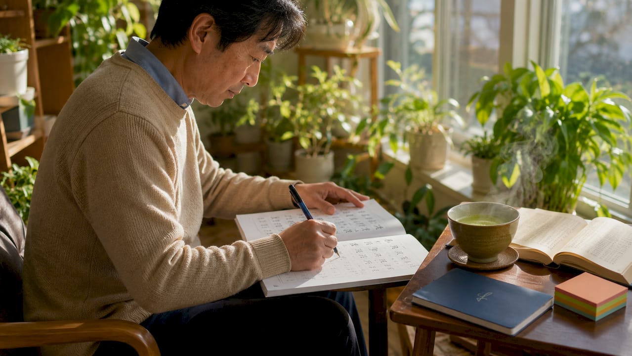 Man practicing Japanese writing at home desk