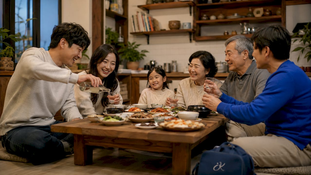 Family sharing Korean meal observing etiquette