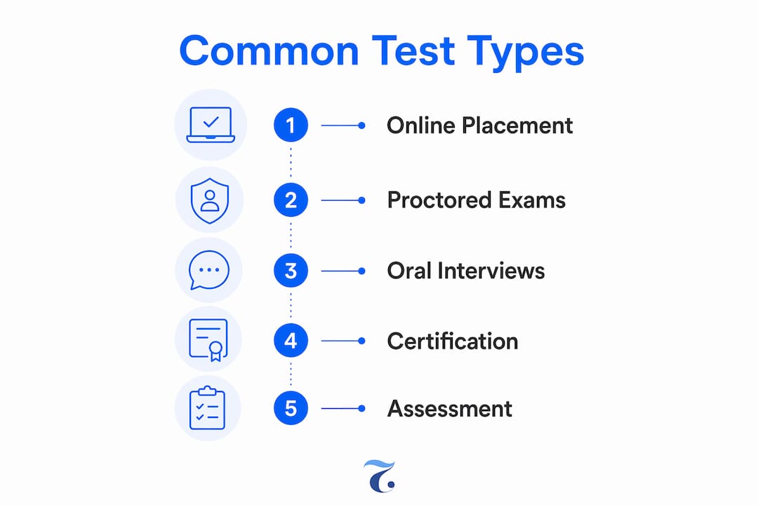 Infographic showing common language proficiency test types