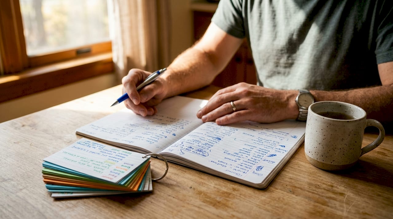 Close-up of Spanish exam prep materials and hands