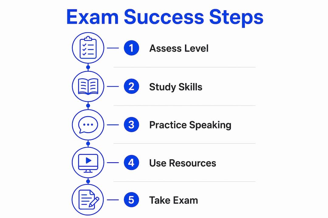 Infographic showing steps to pass Spanish proficiency exam