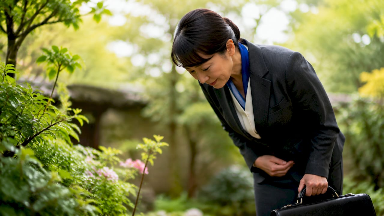 Businesswoman performing respectful bow indoors