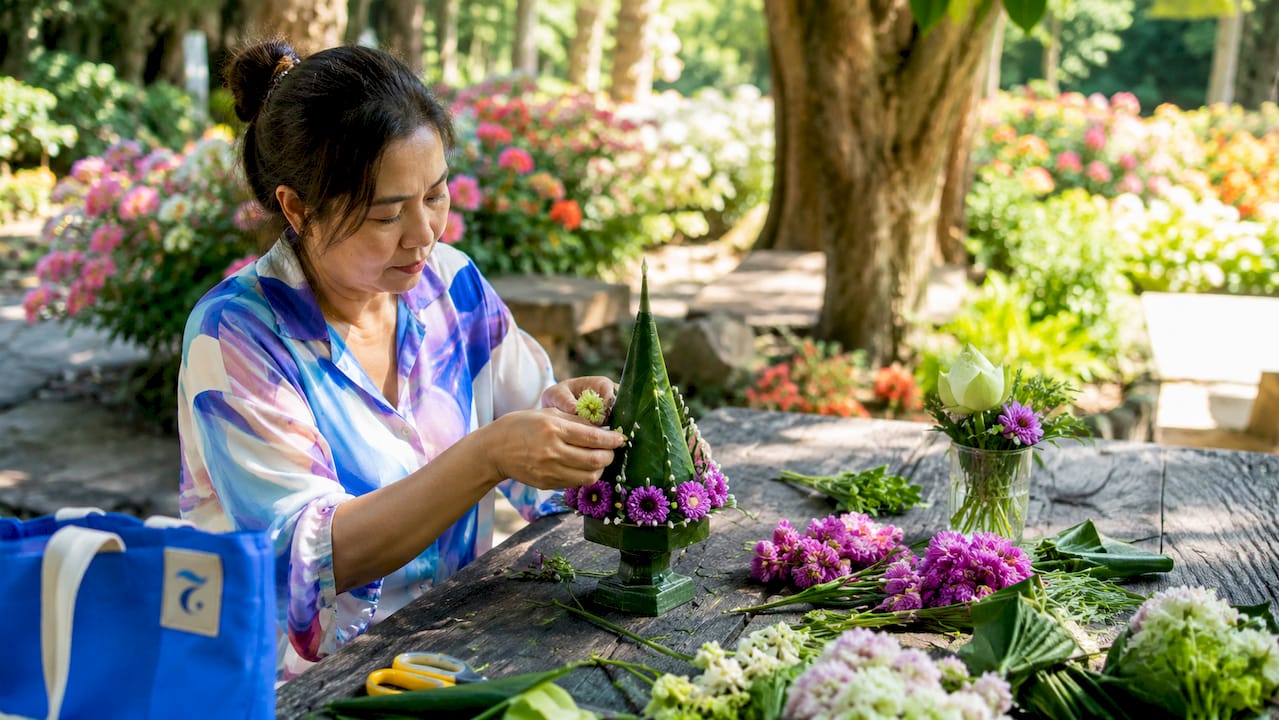 Woman making traditional Thai flower arrangements indoors