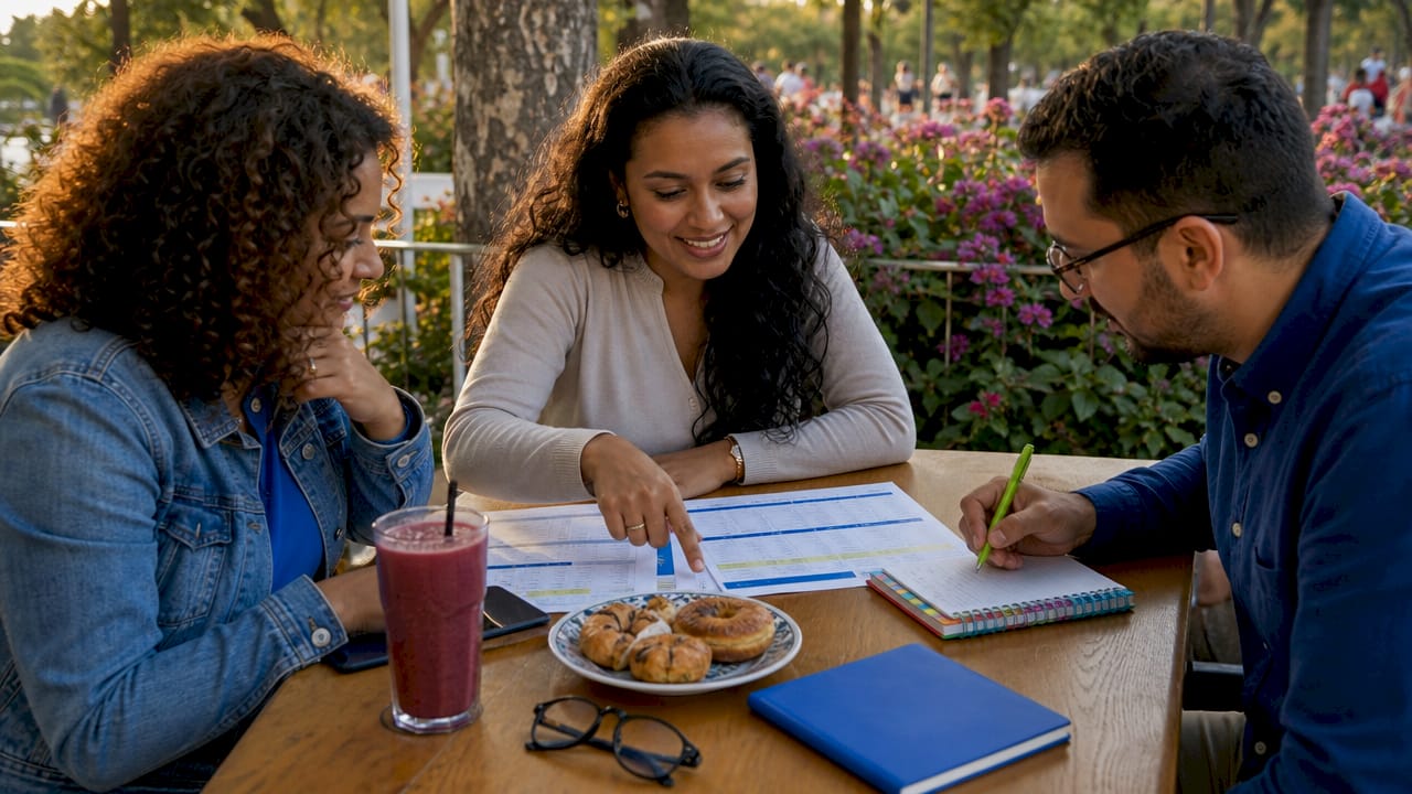 Group discussing Spanish skill assessment outdoors