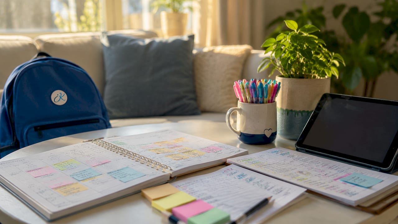 Overhead view of Korean study schedule and notes