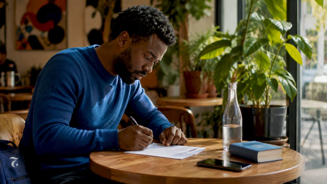 Man taking language proficiency test in study room