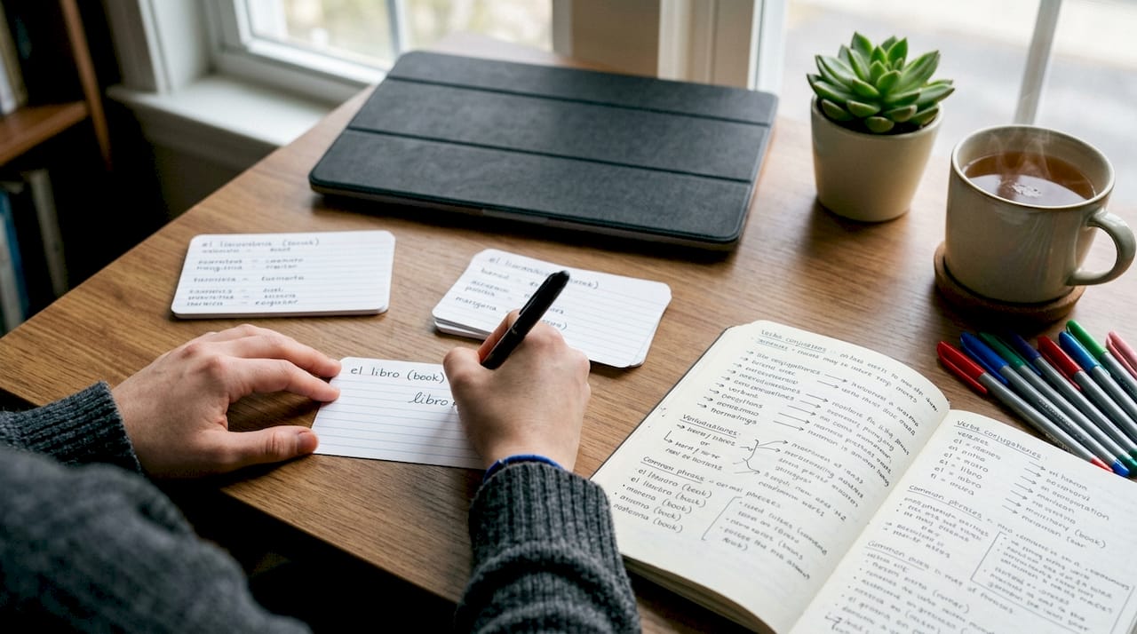 Hands writing bilingual study flashcards at desk