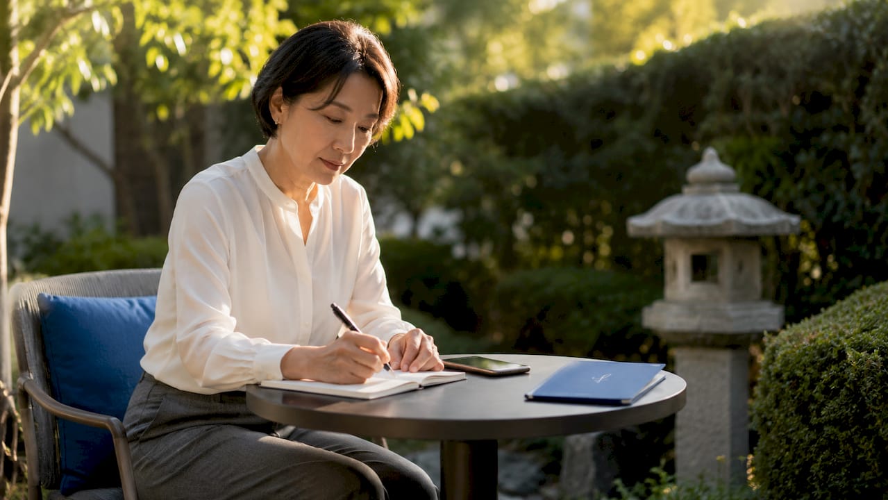 Businesswoman considering uchi-soto email etiquette