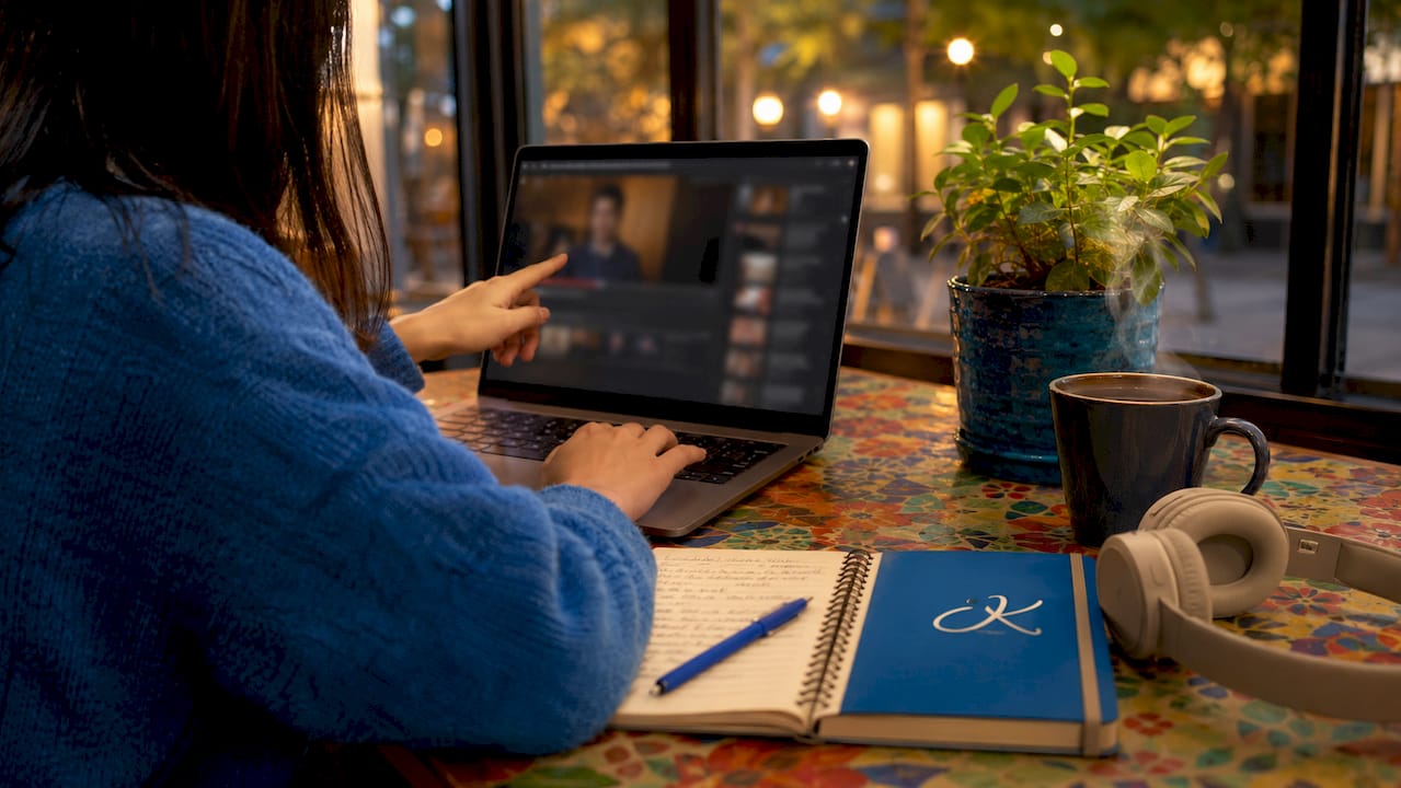 Hands using tablet for Korean language videos