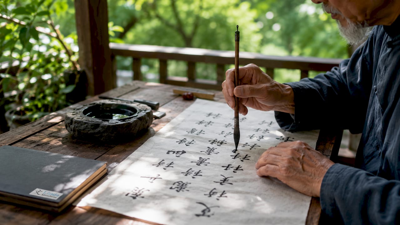 Hands writing classical academic Mandarin calligraphy