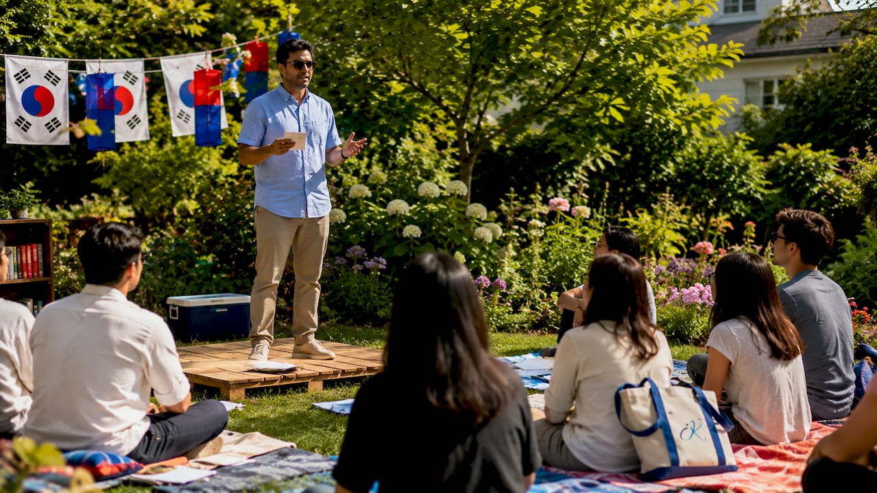 Man speaking Korean at community competition event