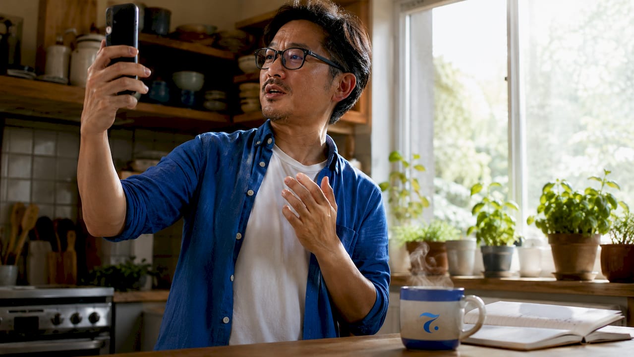 Man recording Thai pronunciation practice with smartphone
