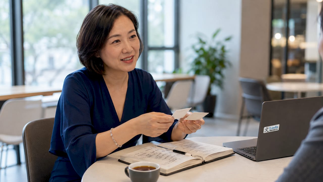 Hands exchanging Mandarin business cards formally