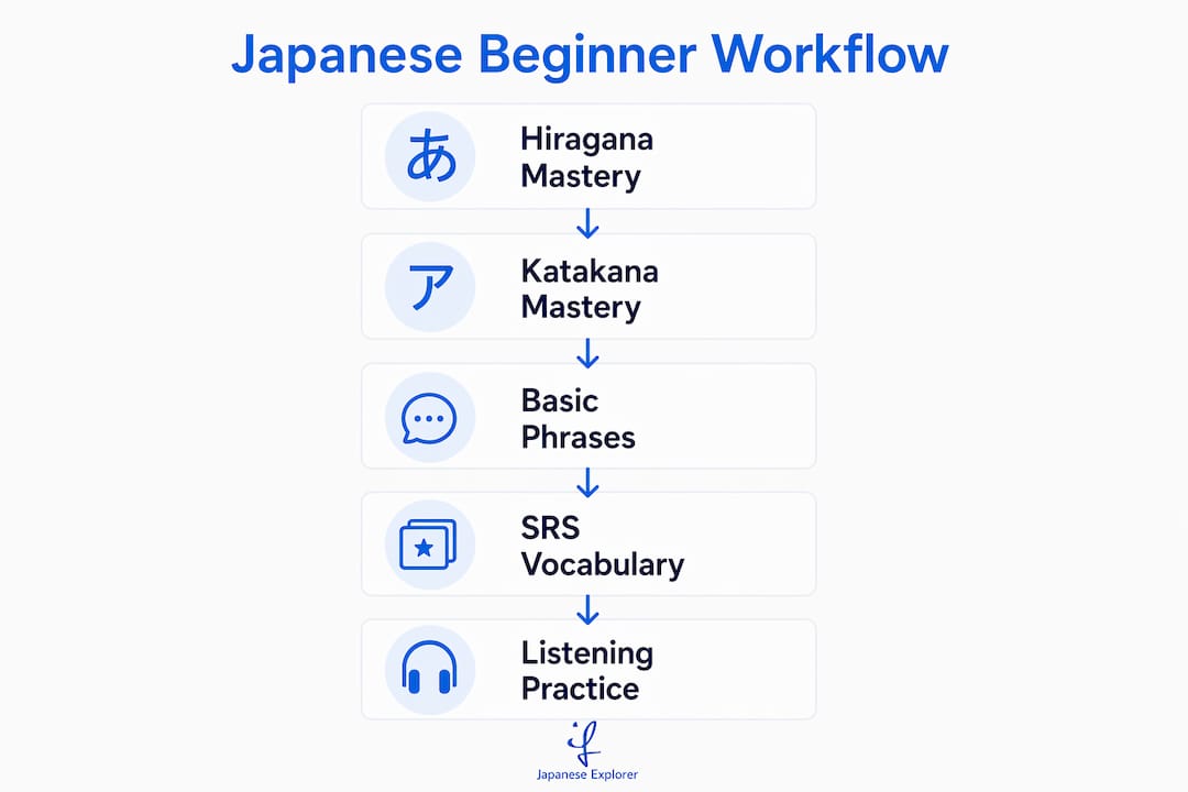 Infographic showing Japanese beginner study workflow steps