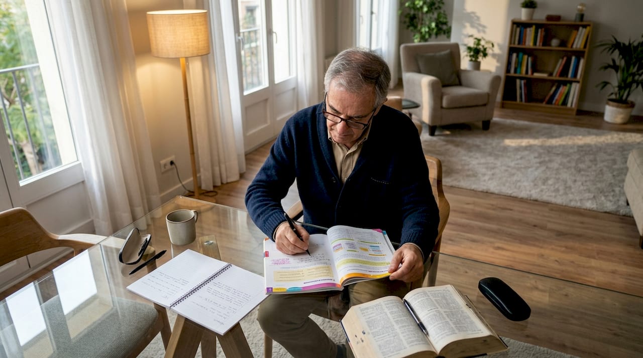 Older man studying Spanish grammar at desk