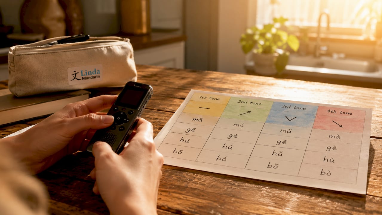 Voice recorder and Mandarin tone chart on table