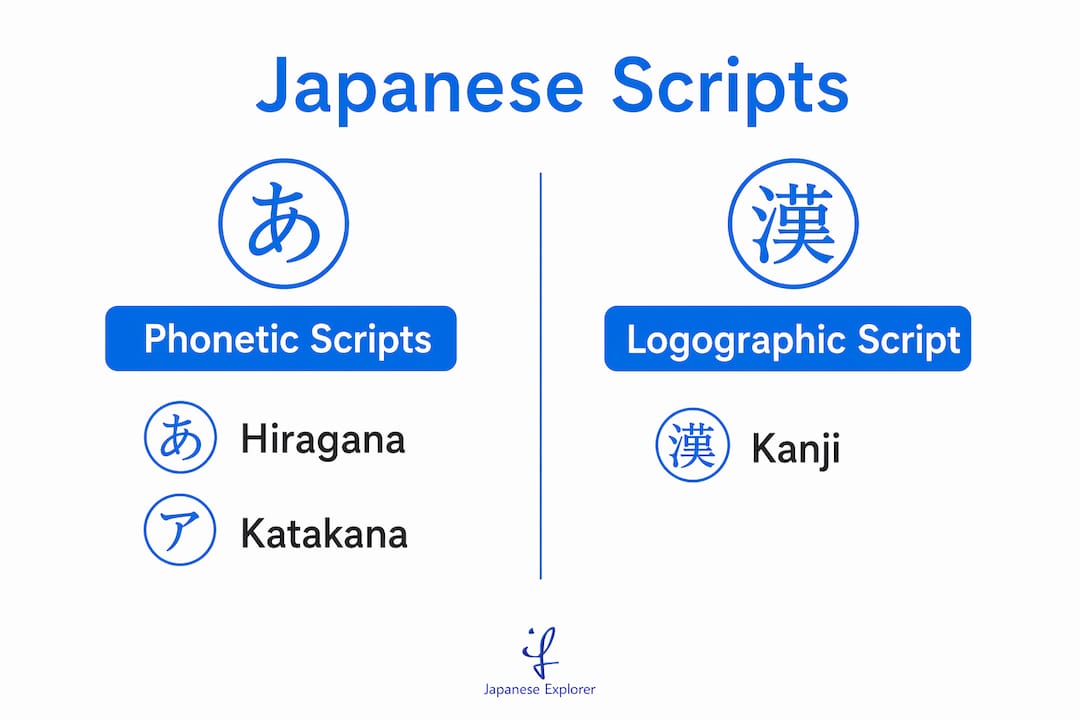Infographic comparing Japanese scripts hiragana, katakana, kanji