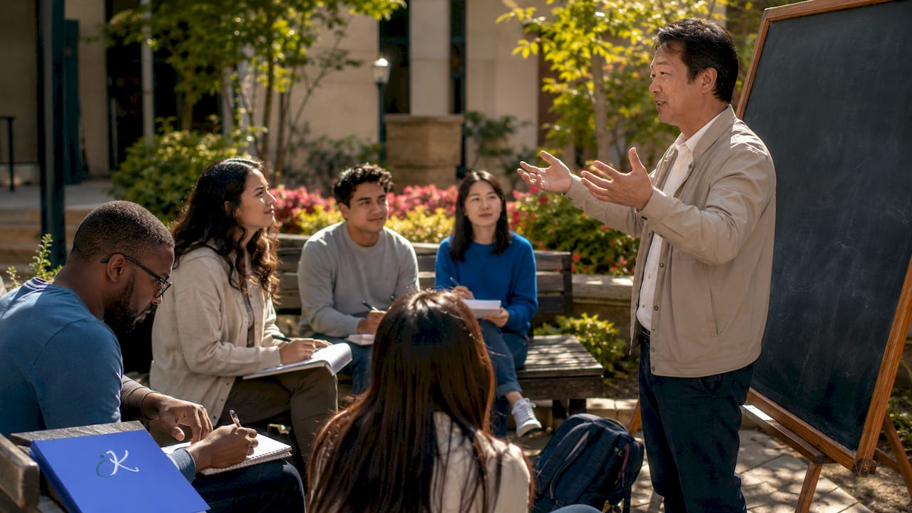 Teacher explaining Korean honorifics to diverse adult students