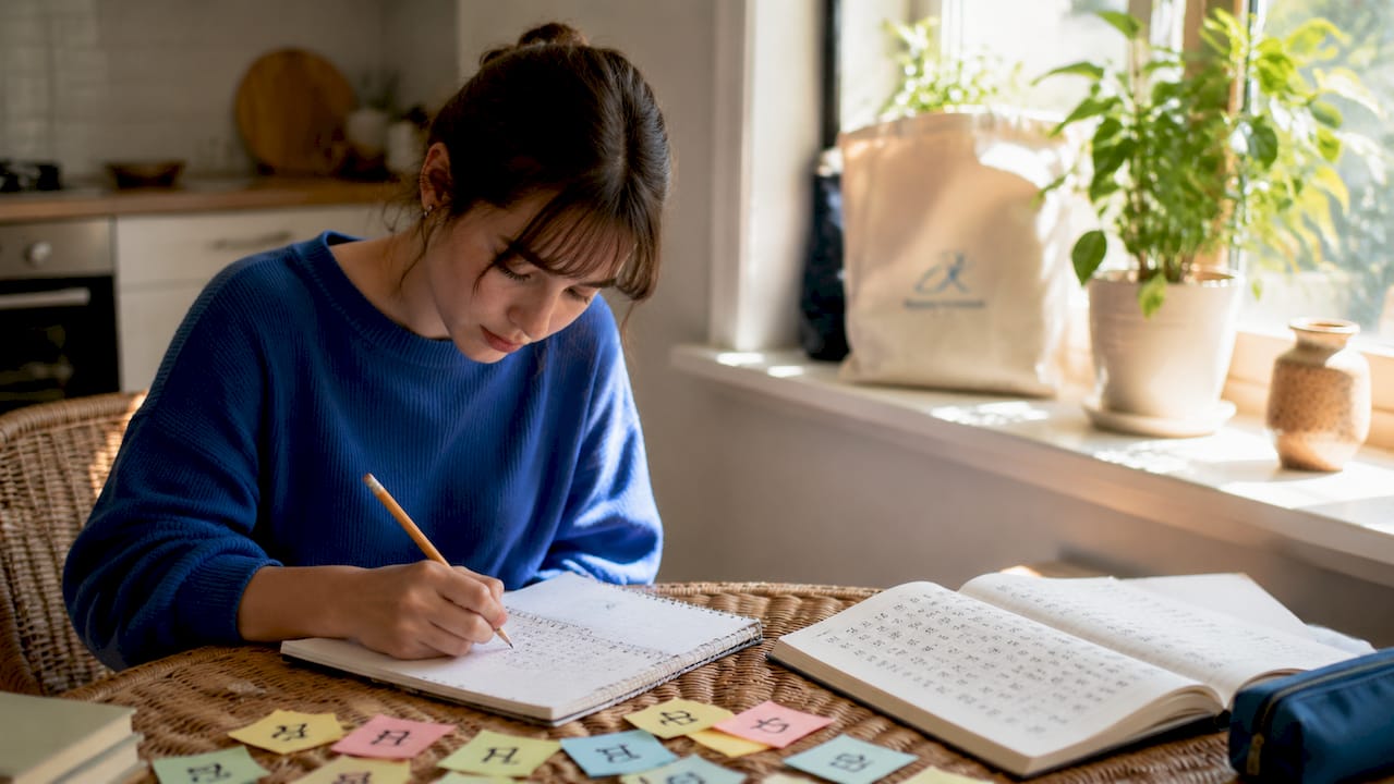 Close-up of Korean Hangul writing practice