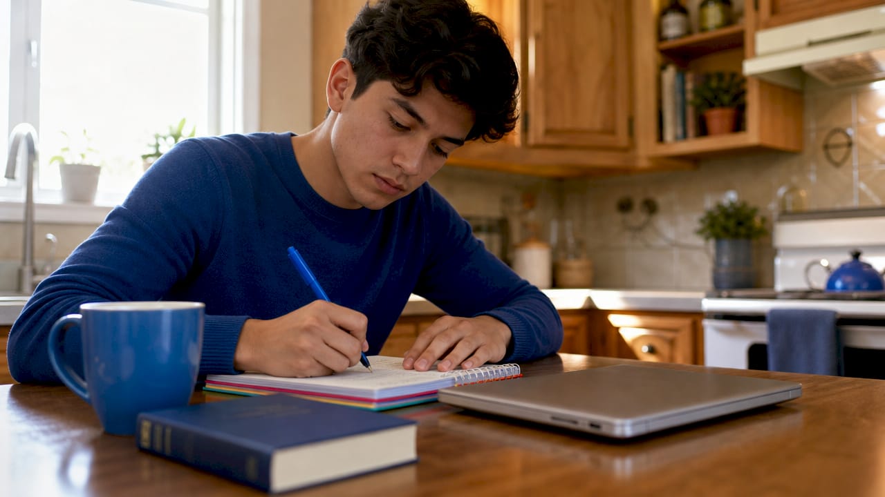 Student studying Spanish proficiency exam materials