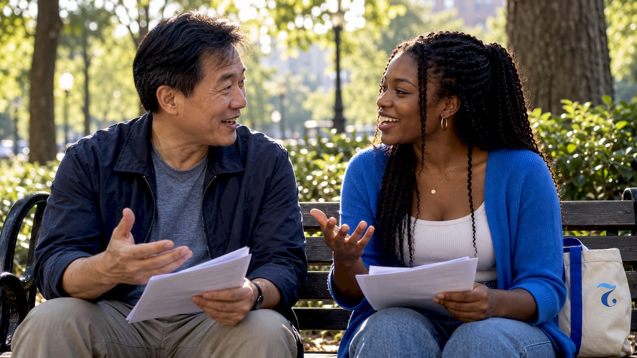 Two adult learners practicing language speaking