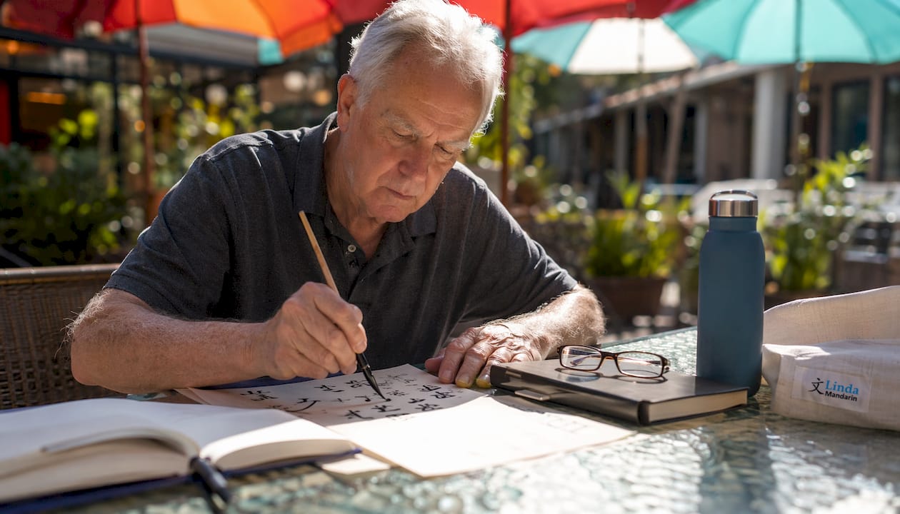 Senior man practicing Mandarin writing in library