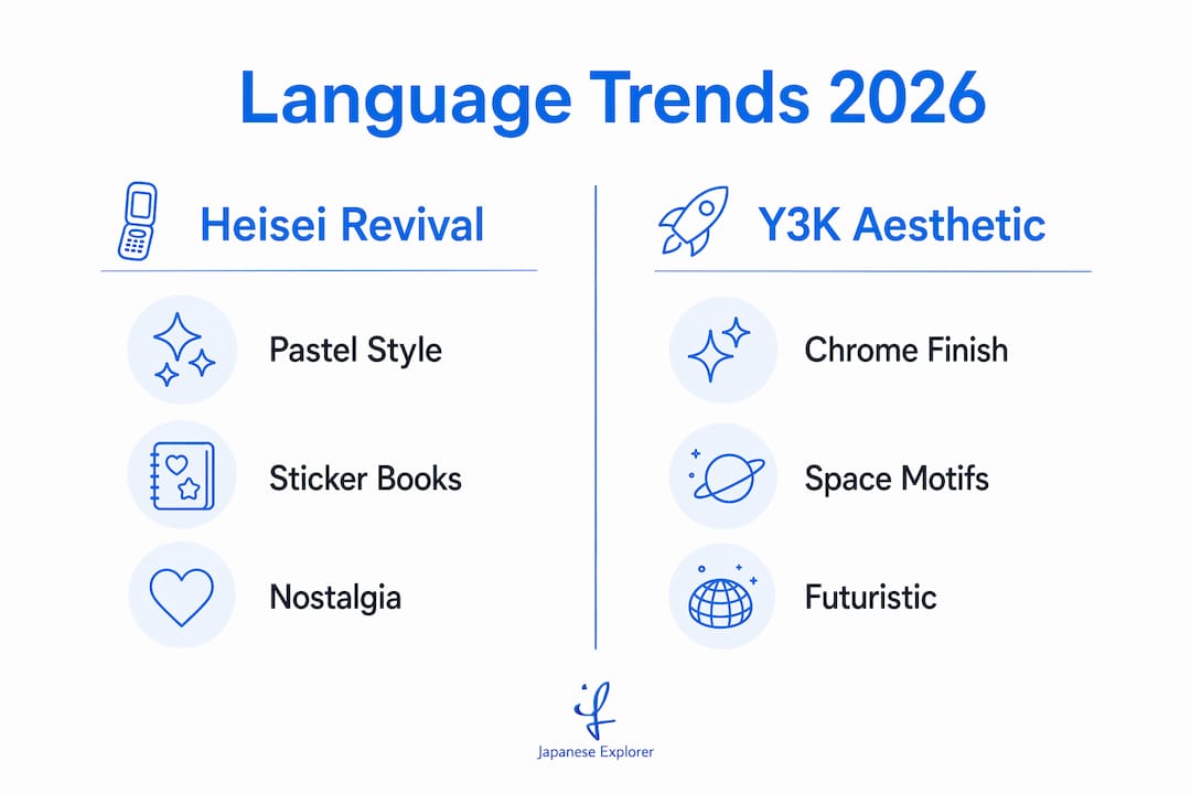 Infographic comparing nostalgic and futuristic Japanese language trends 2026