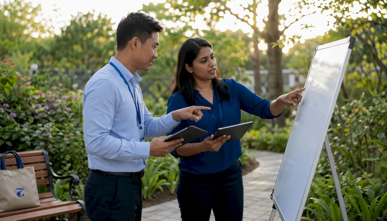 Two educators discussing course alignment
