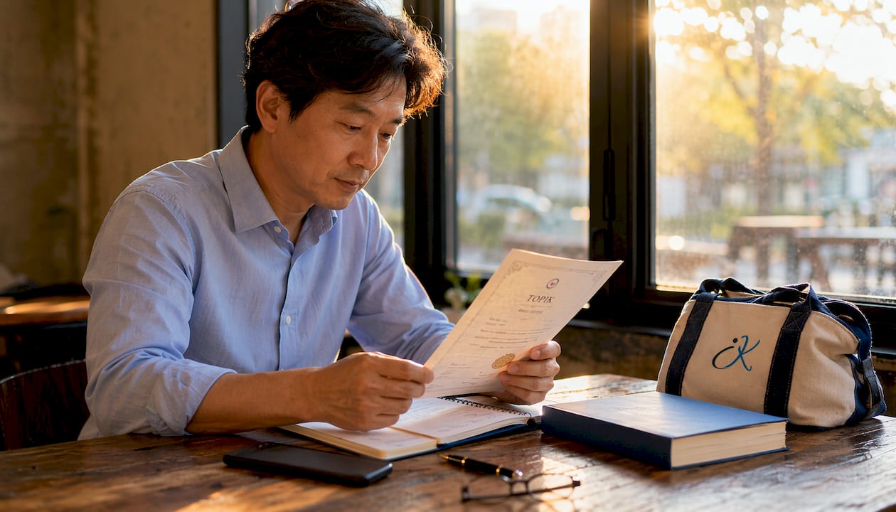 Man reviewing TOPIK certificate at office desk