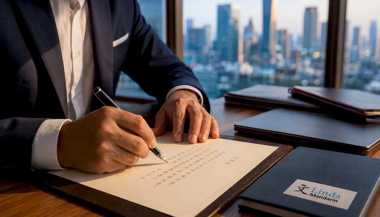 Hands writing formal Chinese business letter