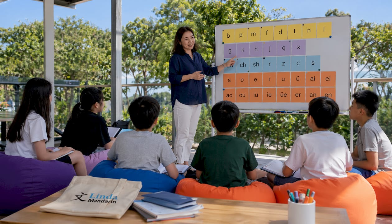 Mandarin teacher explaining Pinyin to students